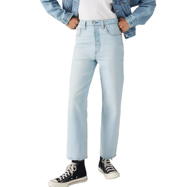 Light blue jeans worn by a person on a white background